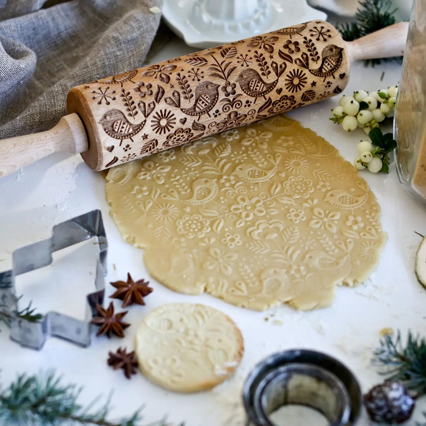 Scandinavian Birds and Flowers Embossing Rolling Pin - Boon Homeware - Burnt Honey Bakery