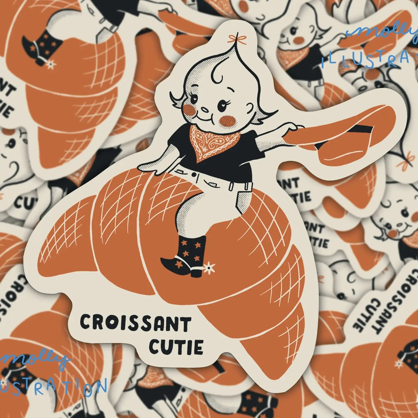 Croissant Cutie Kewpie Cartoon Waterproof Vinyl Sticker - Molly Illustration - Burnt Honey Bakery