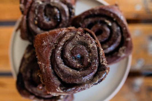 Double Choc Cherry Bun with Burnt Butter Cinnamon Glaze - Burnt Honey Bakery - Burnt Honey Bakery